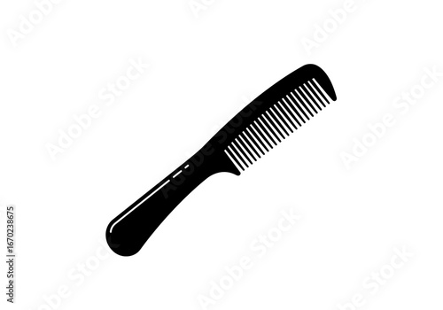 Black comb with a handle angled diagonally on a white backdrop