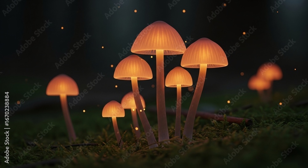 Fototapeta premium Glowing mushrooms in a dark, mystical forest setting