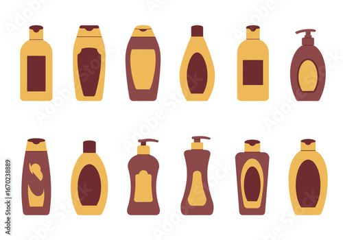 Flat illustration of assorted shampoo and lotion bottles in a minimalist graphic style