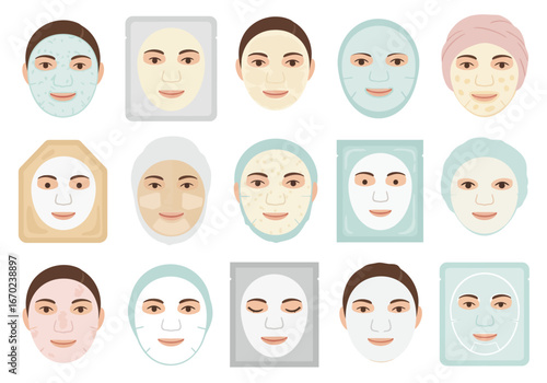 Fifteen cartoon images show various skincare face masks on heads or packaging