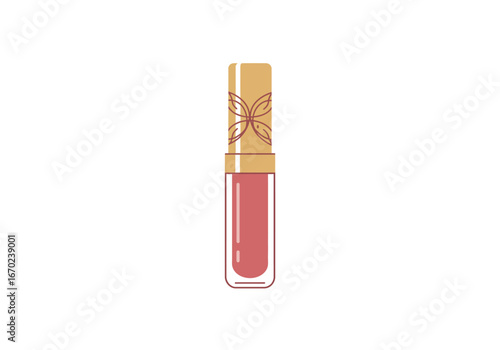 Lip gloss tube pink liquid with a gold lid accented by a subtle floral design