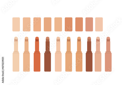 Makeup palette showcasing concealer sticks in varying skin tones on a white background