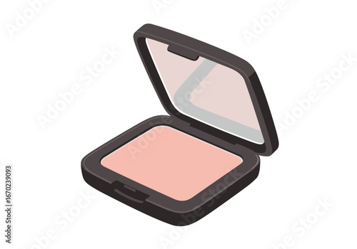 Open makeup compact with a pink powder foundation and mirror on a white background