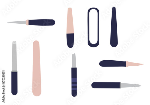 Several manicure tools are displayed on a plain white background including files and cuticle pushers