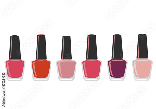 Six nail polish bottles varied pink and red shades arranged in a horizontal line