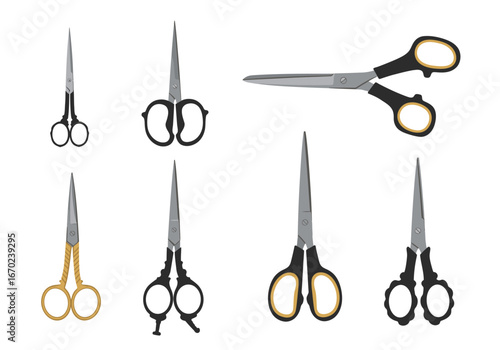 Six pairs of scissors with metal blades and varying handle designs on a white background