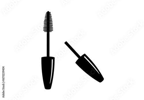 Two pieces of mascara one with a brush one open
