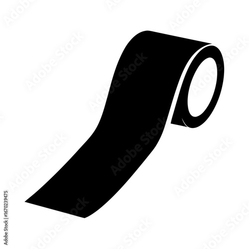 Black Duct Tape Roll Unraveling at an Angle on a White Background