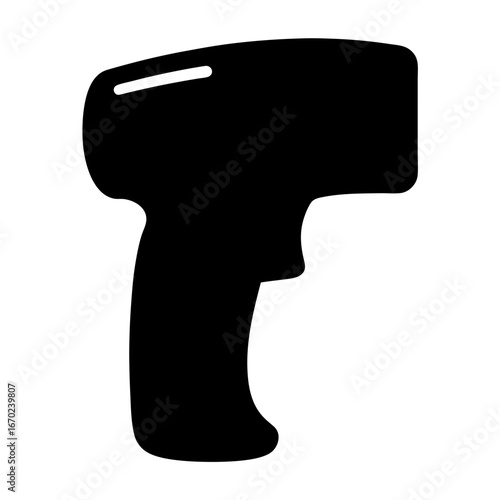 Simple solid black silhouette of a handheld barcode scanner or reader