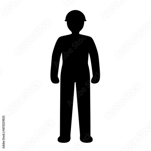 Silhouette of construction worker with hard hat standing in solid black shape