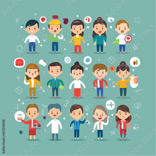Mixed style vector icon set of sickness expressions: headache, toothache, fever, and flu. Combination of outline and solid flat icons for medical use.
