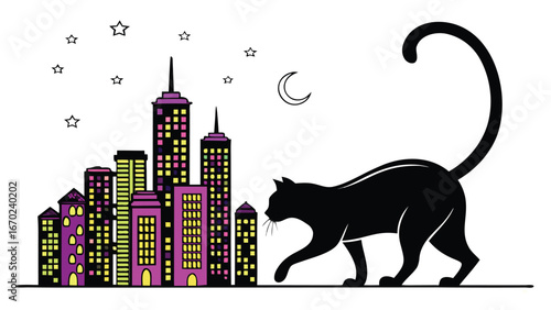 Black Cat Strolling Through a Vibrant Cityscape at Night with Stars and Moon