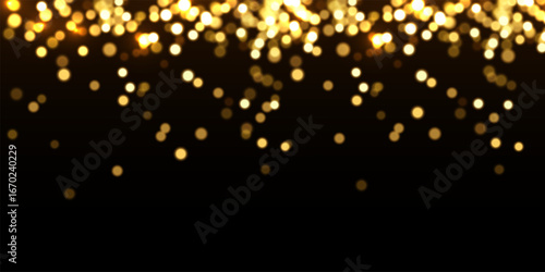 Gold light background with bokeh effect. Golden glittering lights on black background. Festive holiday shiny luxury backdrop. Abstract vector illustration.