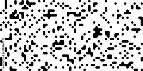 Abstract black and white metaball pattern with connected organic shapes and circular dots. Seamless futuristic background for modern design. Trendy vector illustration.