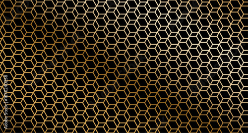 Honeycomb gold seamless pattern. 3D hexagonal cubes forming shiny metallic honeycomb grid on black background. Vector luxury texture for wallpapers, packaging, modern graphic design.