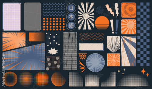 Retro Japanese Pop Art Comic Elements with Halftone Patterns and Abstract Shapes