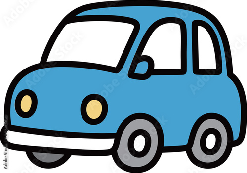 A simple cartoon illustration of a blue compact car with a classic, rounded design, perfect for transportation, city life, or kids' themes.