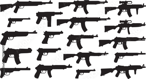 Weapons silhouette set. Collection of various realistic firearms. Assult rifles, sniper rifles, shotguns, handguns, machine guns, historical guns & other. Vector illustration