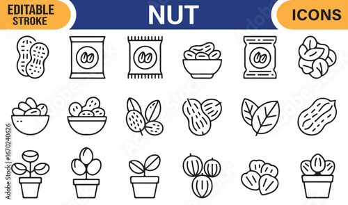 Outline nut icons for food packaging, plant cultivation, and snack nutrition concepts