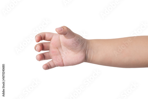 Foto kid hand holding something like a bottle on white background