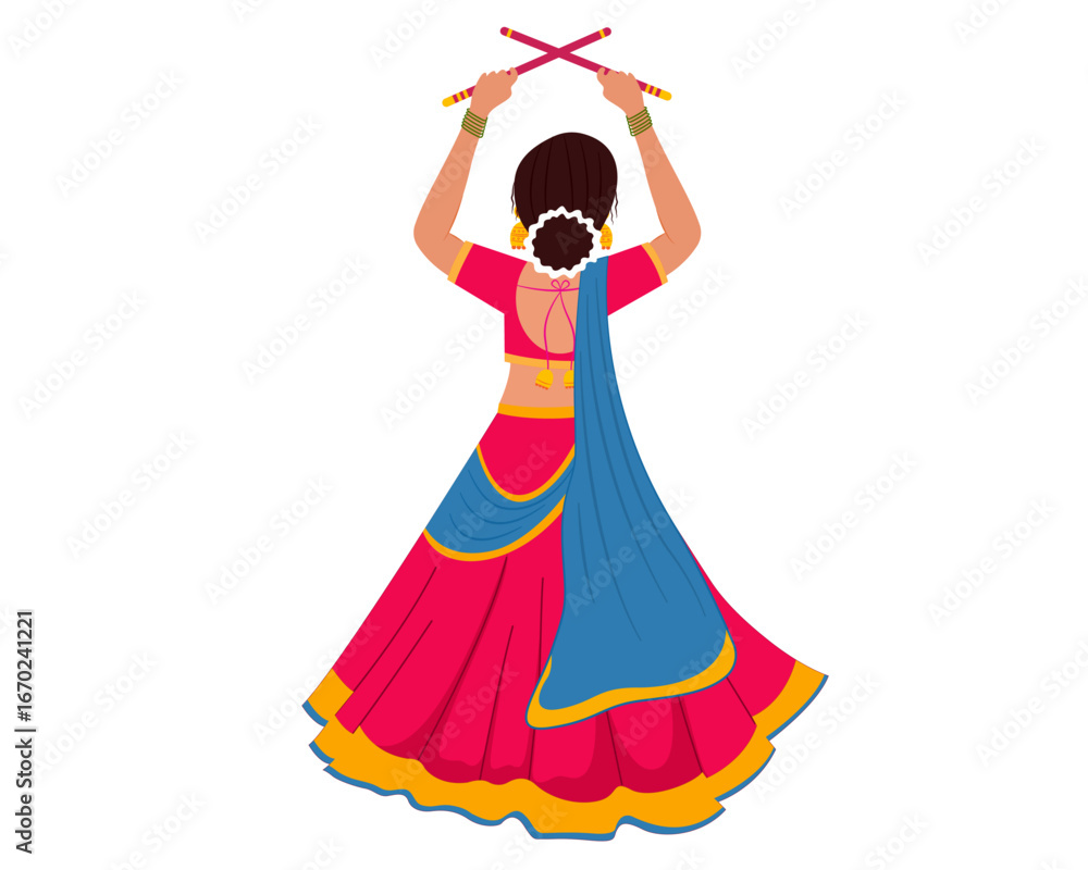 Fototapeta premium women playing dandiya in garba night for Navratri durga puja festival vector illustration
