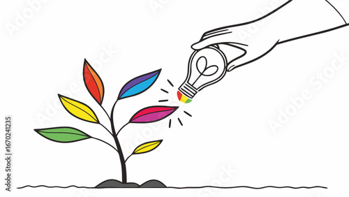 Hand nurturing colorful plant with bright idea light bulb