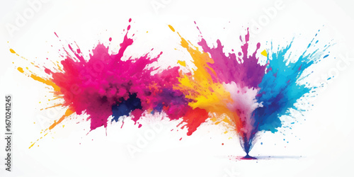Watercolor explosion artwork with vivid colorful stains and abstract splashes on clean white background, modern artistic design ideal for stock photo, poster, flyer, web header and digital templates