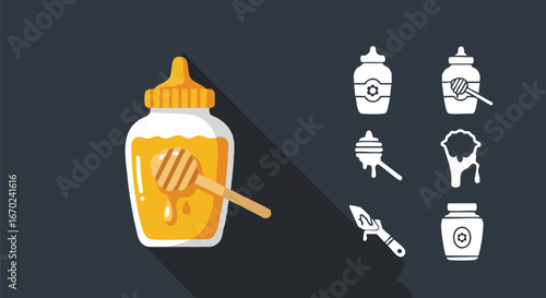 A collection of honey jar and dipper icons presented in both a colorful flat design and a simple white line art style.