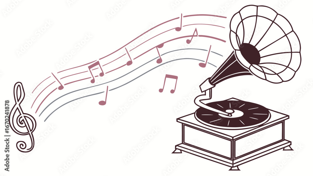 Fototapeta premium Vintage Gramophone Emitting Musical Notes and Treble Clef Vector
