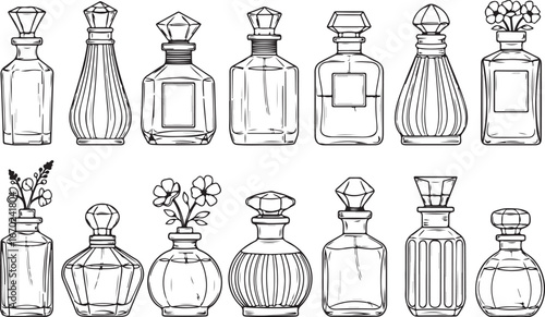 Collection of elegant vintage perfume bottles artistic sketch for decorative use