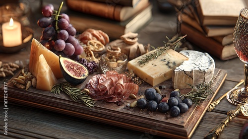 Cheese board with charcuterie and wine a gourmet appetizer for a fancy party or gathering event food photography