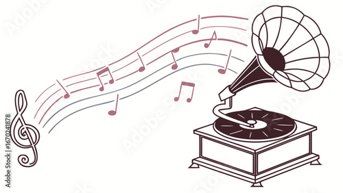 Vintage Gramophone Emitting Musical Notes and Treble Clef Vector