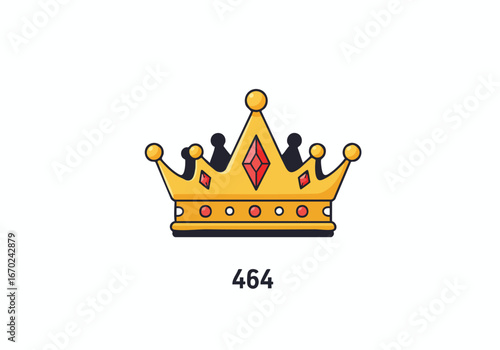 A cartoon illustration of a golden crown with a prominent red jewel, symbolizing royalty and power and adorned with small black accents.