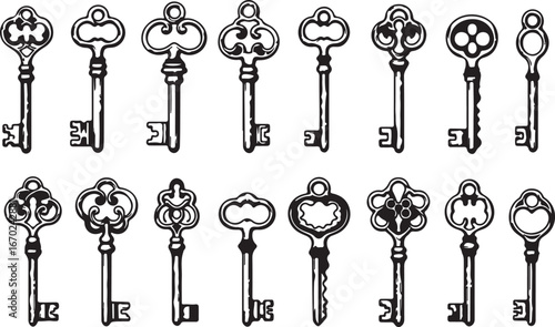 Collection of ornate vintage antique keys detailed black and white sketch style graphic