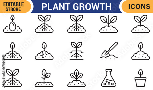 Vector plant growth symbols including germination, nurturing, and scientific research