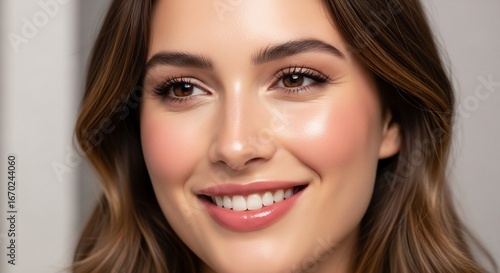 Portrait of a smiling young woman with brown hair and brown eyes makeup