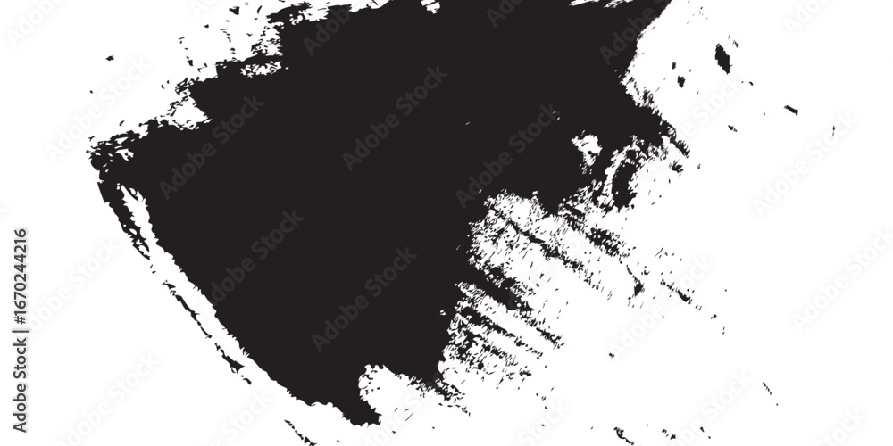 Fototapeta premium An abstract brushstroke image in black ink against a stark white backdrop. The bold dark mass bleeds into broken textures, resembling erosion, stormy skies, or weathered surfaces. A modern expression