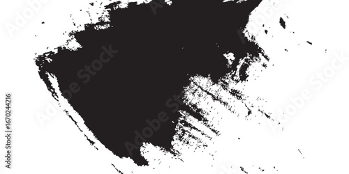 
An abstract brushstroke image in black ink against a stark white backdrop. The bold dark mass bleeds into broken textures, resembling erosion, stormy skies, or weathered surfaces. A modern expression
