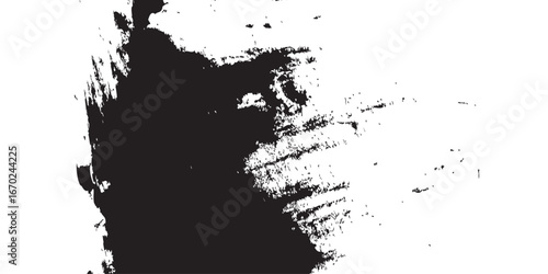
An abstract brushstroke image in black ink against a stark white backdrop. The bold dark mass bleeds into broken textures, resembling erosion, stormy skies, or weathered surfaces. A modern expression