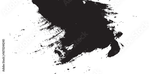 
An abstract brushstroke image in black ink against a stark white backdrop. The bold dark mass bleeds into broken textures, resembling erosion, stormy skies, or weathered surfaces. A modern expression