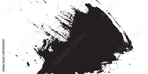 
An abstract brushstroke image in black ink against a stark white backdrop. The bold dark mass bleeds into broken textures, resembling erosion, stormy skies, or weathered surfaces. A modern expression