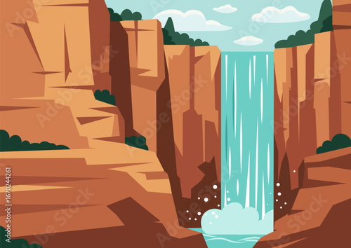 Waterfall between brown cliffs flowing into a river. Nature landscape with a large water feature and rocky canyons for travel concepts.