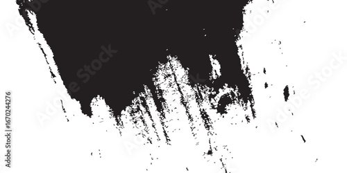 
An abstract brushstroke image in black ink against a stark white backdrop. The bold dark mass bleeds into broken textures, resembling erosion, stormy skies, or weathered surfaces. A modern expression
