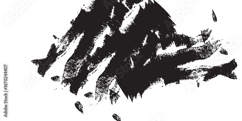
Expressive ink stroke in high contrast black and white. The dense black mass dominates the left while irregular textures scatter across the right, blending raw power with delicate fragmentation. 