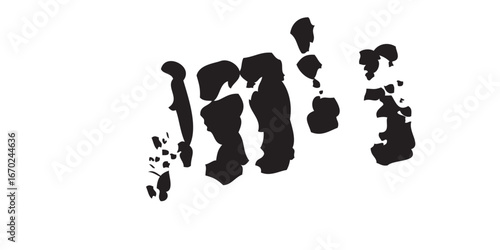 
Expressive ink stroke in high contrast black and white. The dense black mass dominates the left while irregular textures scatter across the right, blending raw power with delicate fragmentation. 