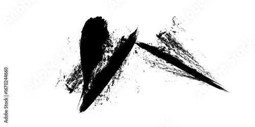 
Expressive ink stroke in high contrast black and white. The dense black mass dominates the left while irregular textures scatter across the right, blending raw power with delicate fragmentation. 