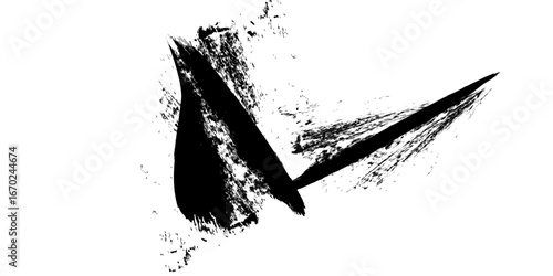 
Expressive ink stroke in high contrast black and white. The dense black mass dominates the left while irregular textures scatter across the right, blending raw power with delicate fragmentation. 