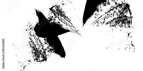 
Minimalist black-and-white abstract stroke, with dense ink coverage on one side transitioning into fragmented textures and scattered specks as it moves outward. The artwork symbolizes fading, erosion