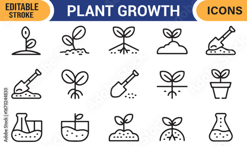 Outline icons of seedlings, farming, and laboratory plant growth experiments