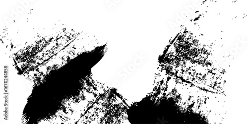 
Minimalist black-and-white abstract stroke, with dense ink coverage on one side transitioning into fragmented textures and scattered specks as it moves outward. The artwork symbolizes fading, erosion